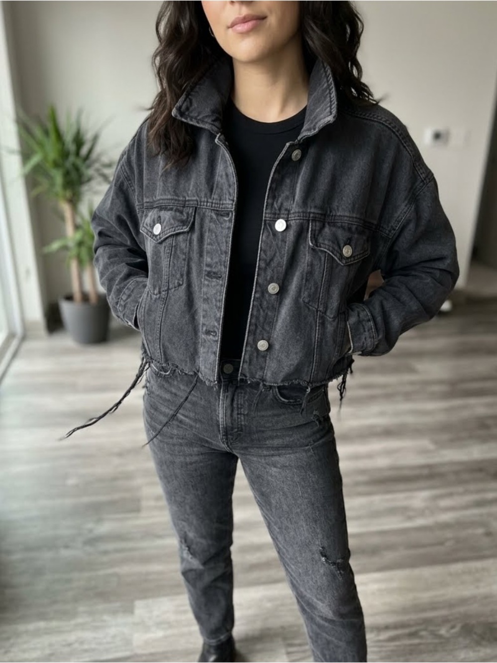 PacSun Black Washed Cropped Denim Jacket with Frayed Hem
